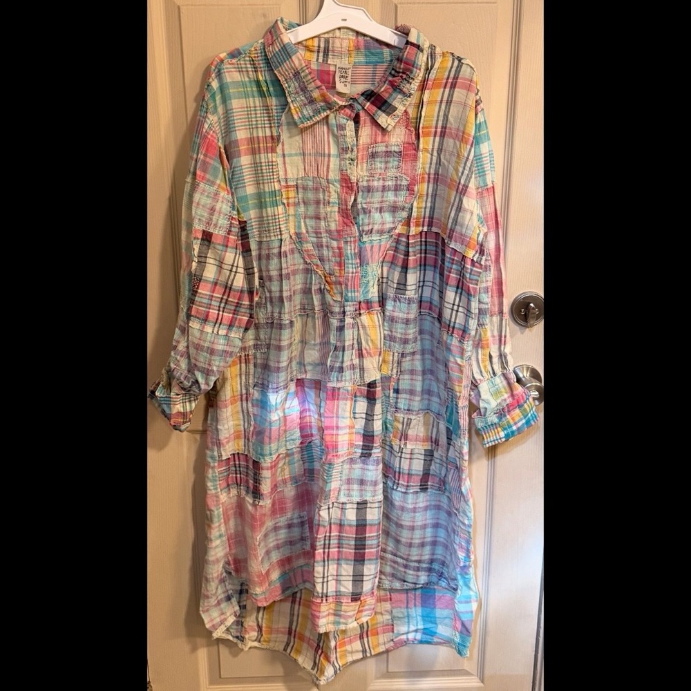 Magnolia Pearl Pastel Plaid Button-Front Shirt dress Madras patchwork rainbow